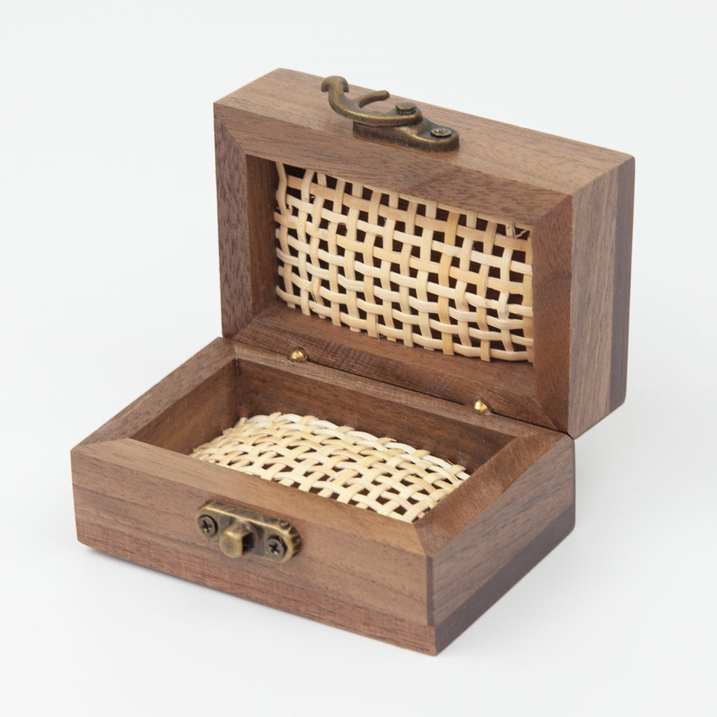 Dark wood treasure box open
